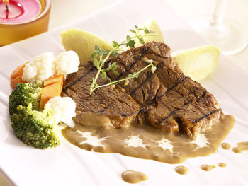 High angle view of food served in plate on table