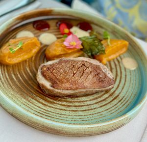 High angle view of food in plate on table