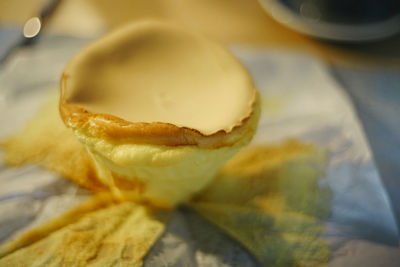 Close-up of castella served on table in cafe