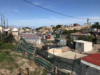 High angle view of houses in town against sky