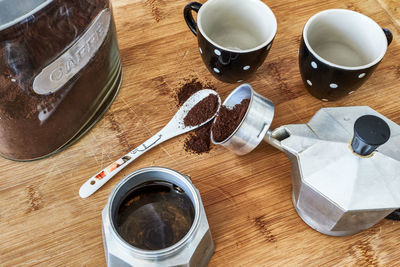 High angle view of coffee on table