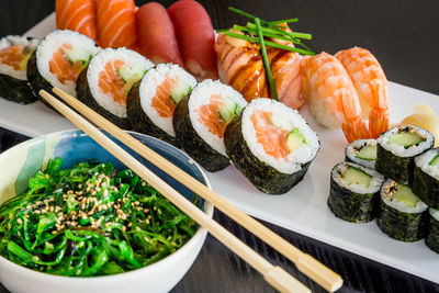 High angle view of sushi in plate