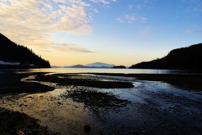 Scenic view of lake against sky during sunset