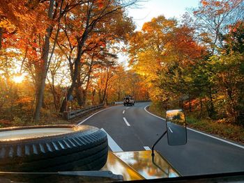 Car on road amidst trees during autumn