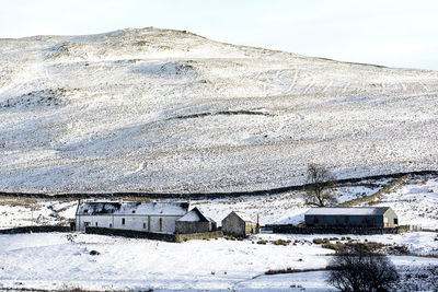 Snow covered landscape against sky