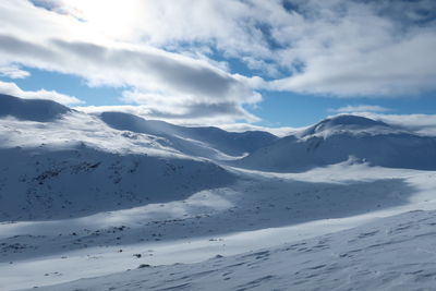 Scenic view of snowcapped mountains against sky