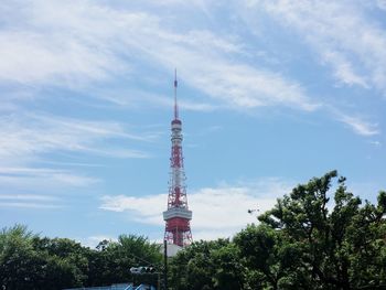 Low angle view of communications tower against sky