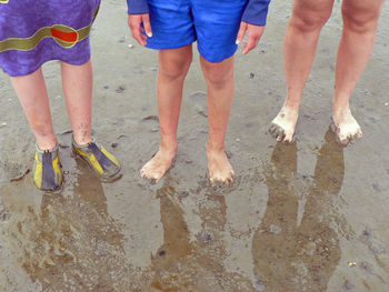 Low section of people standing on wet beach