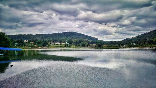 Scenic view of lake against cloudy sky