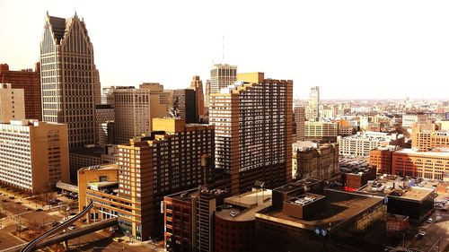 High angle view of buildings against clear sky