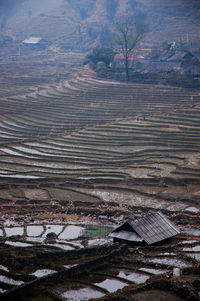 High angle view of houses on agricultural field