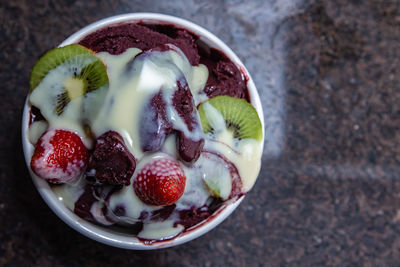 High angle view of fruits in bowl on table