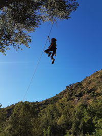 Low angle view of person hanging on zip line against clear blue sky