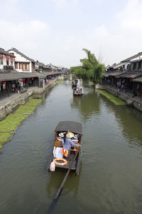 High angle view of boats in canal