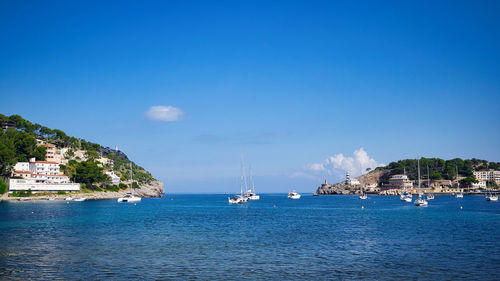 Sailboats in sea against blue sky