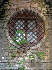 Low angle view of window on wall of building