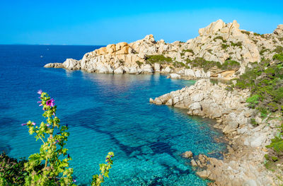 Scenic view of sea against clear blue sky