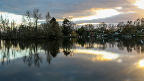 Scenic view of lake against sky during sunset