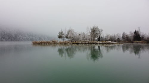 Scenic view of lake by trees against sky