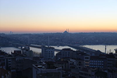 High angle view of buildings in city during sunset