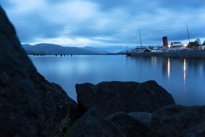 Scenic view of bay against sky