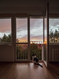 Rear view of woman sitting on window