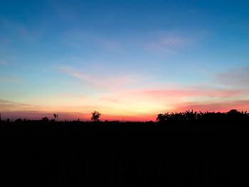 Silhouette trees on landscape against sky during sunset