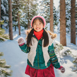 The joy of the winter. portrait of smiling young girl in a snowcapped forest, wearing warm clothes.