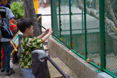 Rear view of boy looking through fence