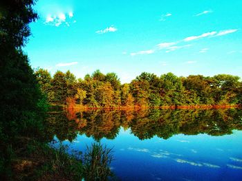 Reflection of trees in lake against sky