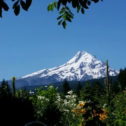 Low angle view of mountain against clear blue sky