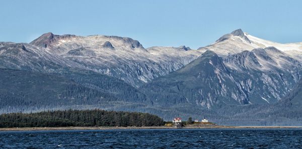 Scenic view of snowcapped mountains by lake against sky