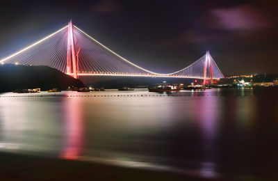 Illuminated bridge over river at night