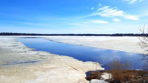 Scenic view of lake against blue sky