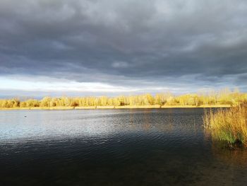 Scenic view of lake against cloudy sky