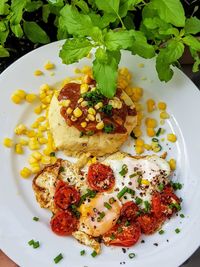 High angle view of breakfast served on table