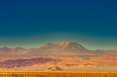 Scenic view of mountains against clear blue sky