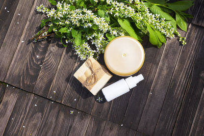 High angle view of tea served on table
