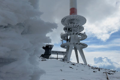 Tratransmitter on snow covered landscape against sky