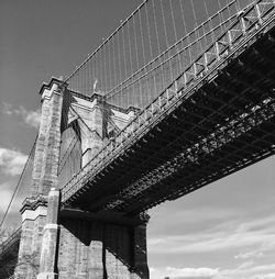 Low angle view of suspension bridge against sky