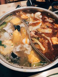 High angle view of soup in bowl