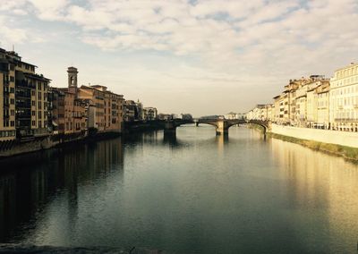 Bridge over river with buildings in background