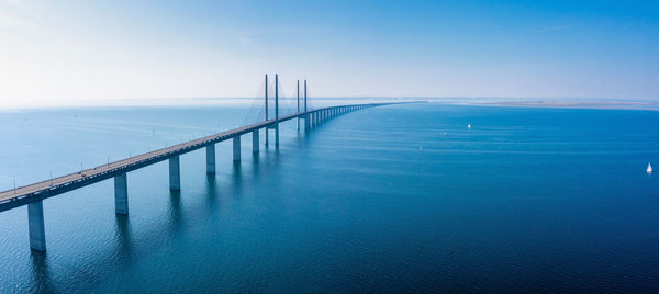 Panoramic view of oresund bridge during sunset over the baltic sea