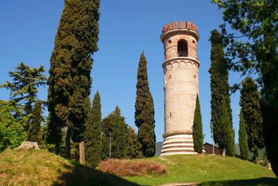 Low angle view of tower against clear sky