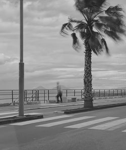 Man climbing on railing by sea against sky