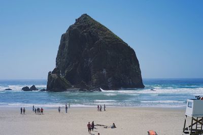 People on beach by sea against clear sky