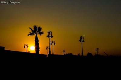 Silhouette palm trees against orange sky