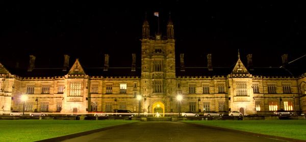 Facade of building at night