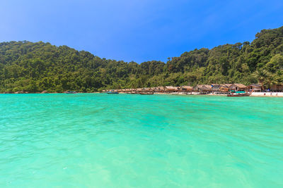 Scenic view of sea against blue sky