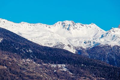 Scenic view of snowcapped mountains against clear blue sky